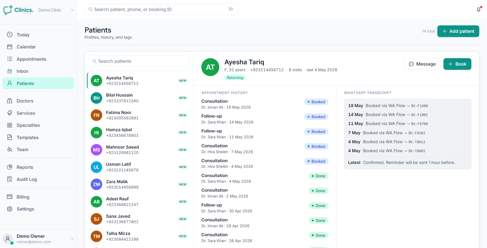 Patients page — profile, history, WhatsApp transcript