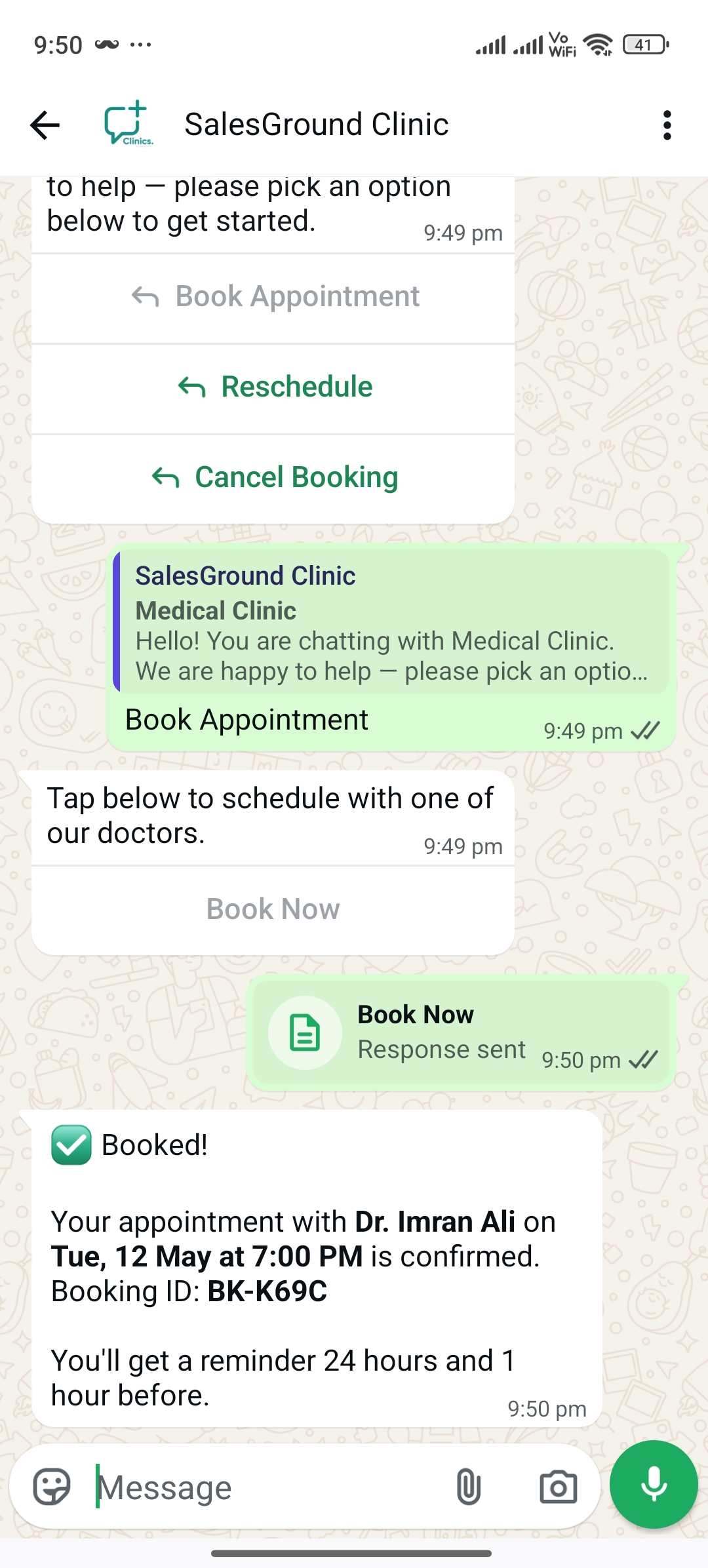 Booked confirmation in WhatsApp chat with booking ID